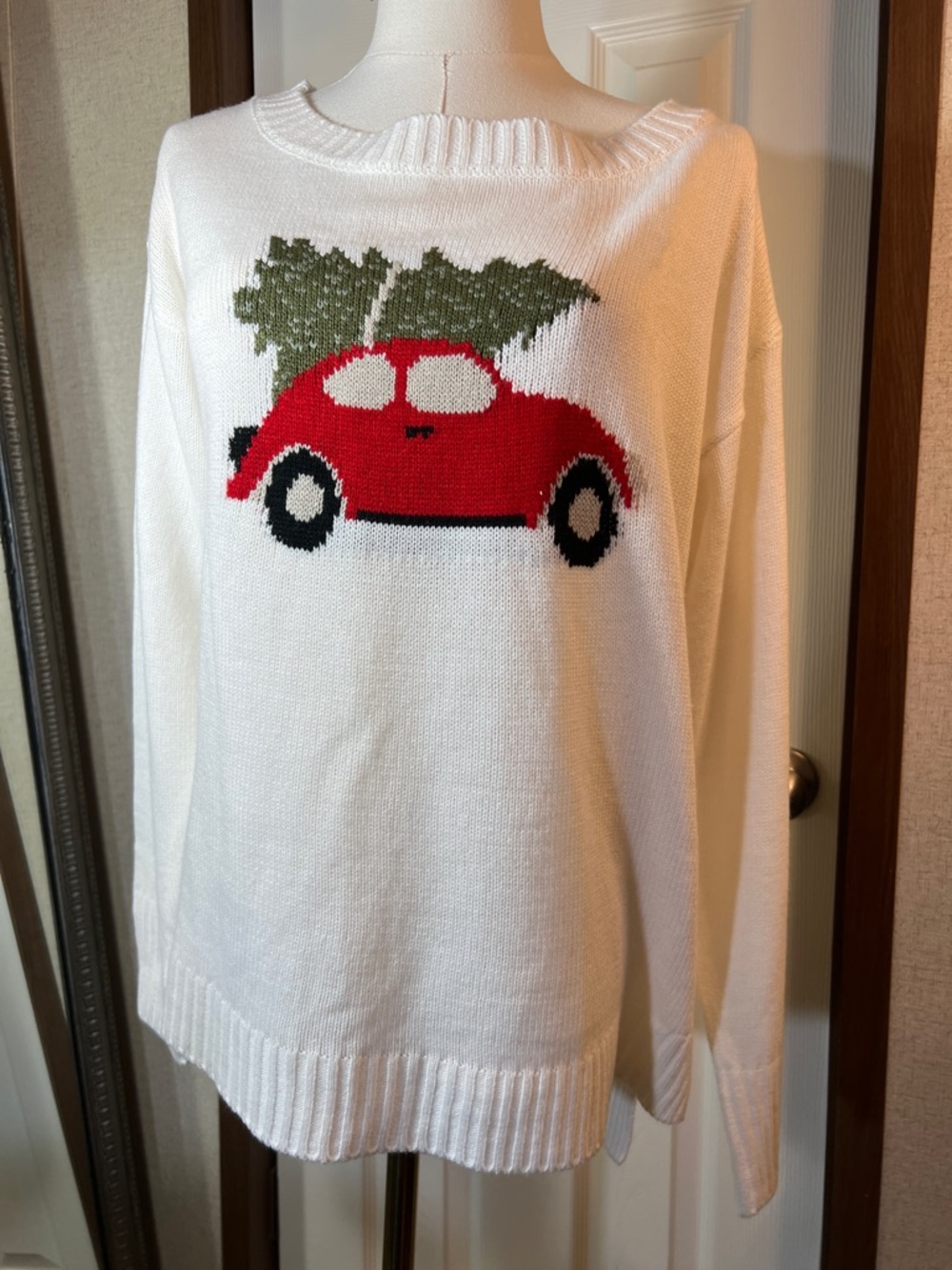 White Crewneck Sweater with Red Car and Green Tree Motif
